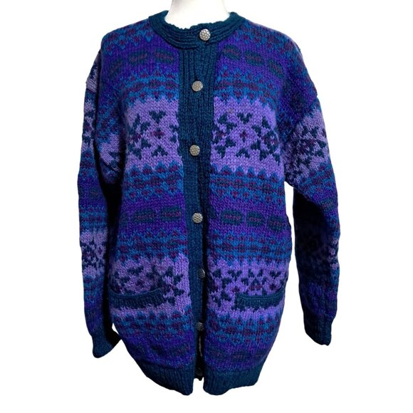 None Sweaters - Stunning Vintage Himalayan Wool Cardigan Handknit Fair Isle Nepal Blue Gradient